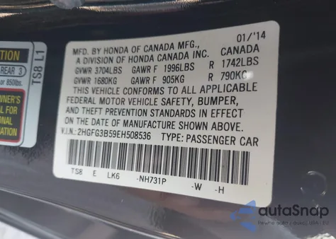 2014 Honda Civic Lx z USA, uszkodzony, nr VIN 2HGFG3B59EH508536